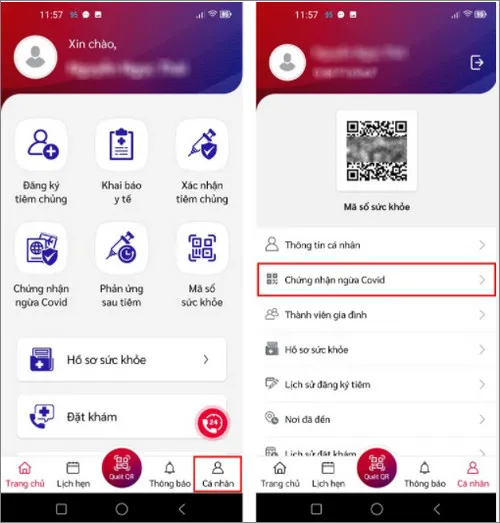 Chọn mục Chứng nhận ngừa Covid để hiển thị app xanh 