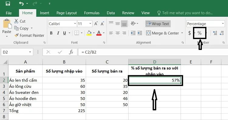 Cách tính phần trăm trong Excel