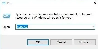 Mở hộp thoại Run và nhập lệnh ncpa.cpl