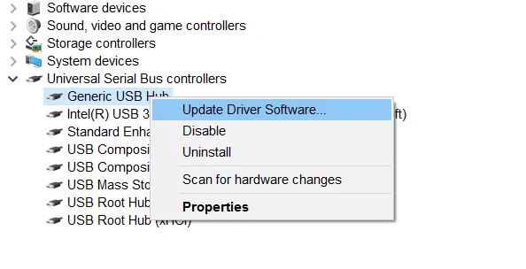 Click vào Update Driver Software